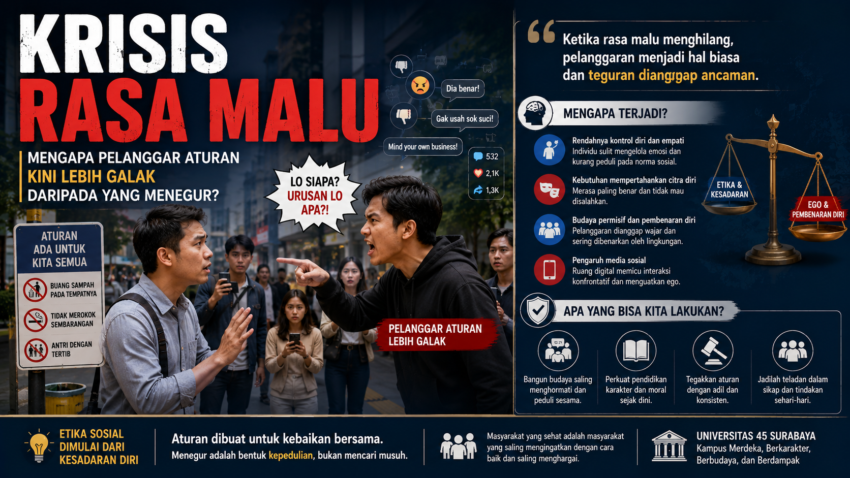 Karya Ilmiah Dosen di Media “Krisis Rasa Malu: Mengapa Pelanggar Aturan Kini Lebih Galak daripada yang Menegur” Karya Ilmiah Dosen di Media “Krisis Rasa Malu: Mengapa Pelanggar Aturan Kini Lebih Galak daripada yang Menegur”